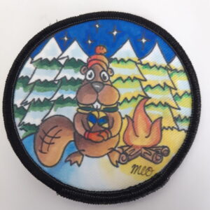 Badge de camp d'hiver castor feu de camp