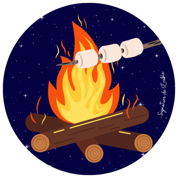 Badge de camp feu avec guimauves